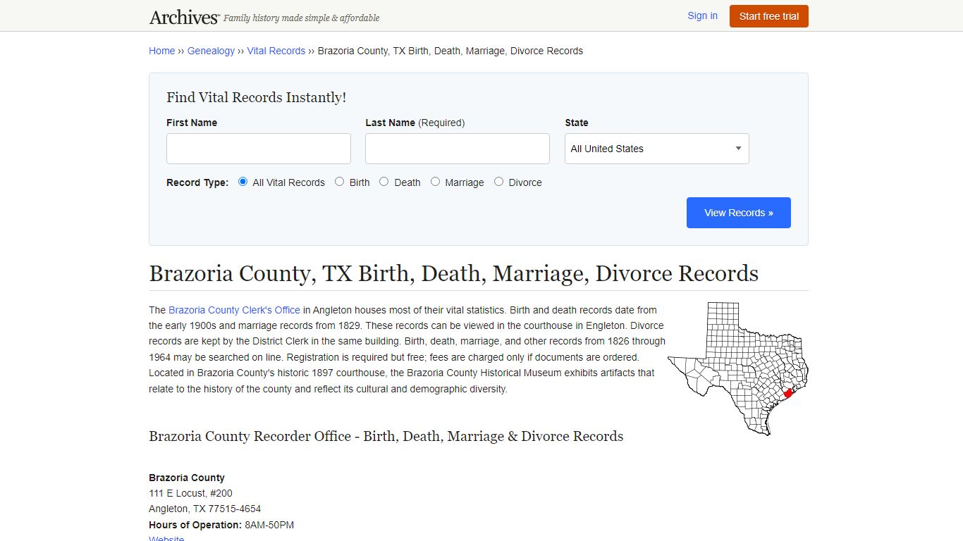 Brazoria County, TX Birth, Death, Marriage, Divorce Records - Archives.com
